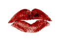 Beautiful red pink lips kiss. Woman`s lipstick trace with newspaper texture