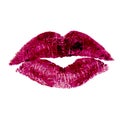 Beautiful red pink lips kiss. Woman`s lipstick trace with newspaper texture