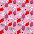 Beautiful red and pink strawberries on pink background with text `Berry Love`.