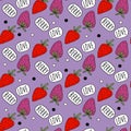 Beautiful red and pink strawberries on purple background with text `Berry Love`.