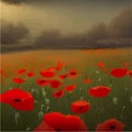 Beautiful red poppies in field. Wild flower spring nature landscape. Vector Royalty Free Stock Photo