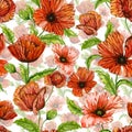 Beautiful red poppy flowers on green stems with leaves on light background. Seamless floral pattern. Watercolor painting