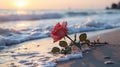 Beautiful red rose on the beach at sunset. Soft focus. AI Generated Generative AI