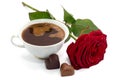 Beautiful red rose, cup of coffee and chocolate candies isolated Royalty Free Stock Photo