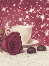 Beautiful red rose and cup of hot tea with chocolate Royalty Free Stock Photo