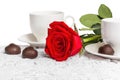 Beautiful red rose and cup of hot tea with chocolate Royalty Free Stock Photo