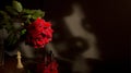 Beautiful red rose on a dark background is reflected in the mirror surface and chess on the background. Concept of love