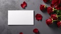 Beautiful red rose flower bouquet and blank note paper on dark background, congratulations and anniversary concept, Valentine s