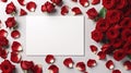 Beautiful red rose flower bouquet and blank note paper on white background, congratulations and anniversary concept, Valentine s