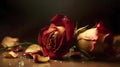 Beautiful red rose flower and fallen flower parts and water droplet looks fresh laying on the studio set dark background. Concept Royalty Free Stock Photo