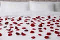 Beautiful red rose petals on bed in room Royalty Free Stock Photo