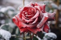 beautiful red rose in the snow on frosty day