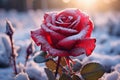 A beautiful red rose in the snow on a frosty day