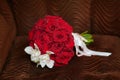 Beautiful red rose wedding bouquet, closeup. Marriage concept Royalty Free Stock Photo
