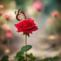 Beautiful red roses blooming A butterfly is holding on to a flower. It is beautiful nature. AI generated image. Royalty Free Stock Photo