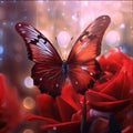 Beautiful red roses and butterfly on bokeh background, close up Royalty Free Stock Photo