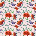 Beautiful red roses seamless pattern with bird on tree branch on pink background. Spring garden floral print for wallpapers