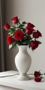 Red roses vase on white table light background