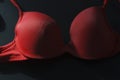 Beautiful red seamless smooth unlined luxury elegant women push up bra on black background. Royalty Free Stock Photo