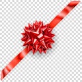 Beautiful red shiny bow with diagonally ribbon with shadow