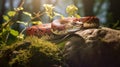 Beautiful red snake basking in the sun in the forest, close-up, selected focus