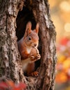 A beautiful red squirrel holding a walnut, sitting cozily inside its tree hole in autumn. Royalty Free Stock Photo