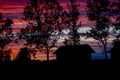 Beautiful Red Sunset house and the trees silhouette