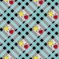 Beautiful red and tellow flowers pattern on black and blue tartan plaid background eps10
