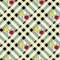 Beautiful red and tellow flowers pattern on black and white plaid tartan background