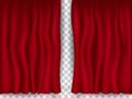 Beautiful red theatre folded curtain drapes on transparent background