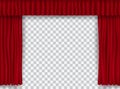 Beautiful red theatre folded curtain drapes on transparent background