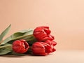 Beautiful red tulips in craft paper on beige pastel background with copy space, spring time, mother's day. Royalty Free Stock Photo