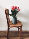 Beautiful red tulips in stylish vase on wooden rustic chair in home. Hello spring concept. Countryside living. Modern rural still Royalty Free Stock Photo