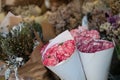 Beautiful Red-white Carnations In Paper Packaging Selling At Flower Shop