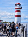 Red-white lighthouse on Lake Neusiedlersee in Podersdorf, Austria