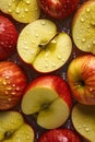 Beautiful red whole and sliced apple apples glistering with dew water droplet. flat lay top view. seamless