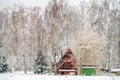 Wooden house in snow fairy forest Royalty Free Stock Photo