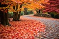 beautiful red and yellow leaves on the path Autumn park path Red leaves, romantic mood