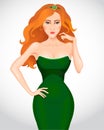 Beautiful redhaired woman in green dress. Vector
