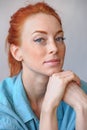 Beautiful redhead freckled cheerful woman smiling thoughtful Royalty Free Stock Photo