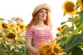 Beautiful redhead woman in sunflower field on sunny day Royalty Free Stock Photo