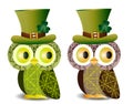 Beautiful, refined owl in a green hat with a shamrock to the day of St. Patrick