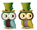 Beautiful, refined owls with a pattern in a green hat with a shamrock to the day of St. Patrick