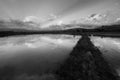 Beautiful reflection of clouds in a rural area in black and white