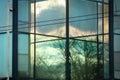 Beautiful reflection in glass window with sunset sky, tree branches and wires Royalty Free Stock Photo