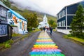 Beautiful Reflection of Houses, Church, Highway and Rainbow Road in Seydisfjordur Town in Iceland in August