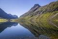 Beautiful reflection of mountains in the waters of Eidsvatnet lake