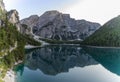 Beautiful reflection of Seekofel mountain in Lake Braies, Italy