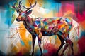 A beautiful reindeer, modern artwork, abstract colorful painting with geometric shapes. Hand drawn digital painting. Generative AI