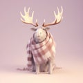 A beautiful reindeer wrapped in a plaid blanket on pastel background